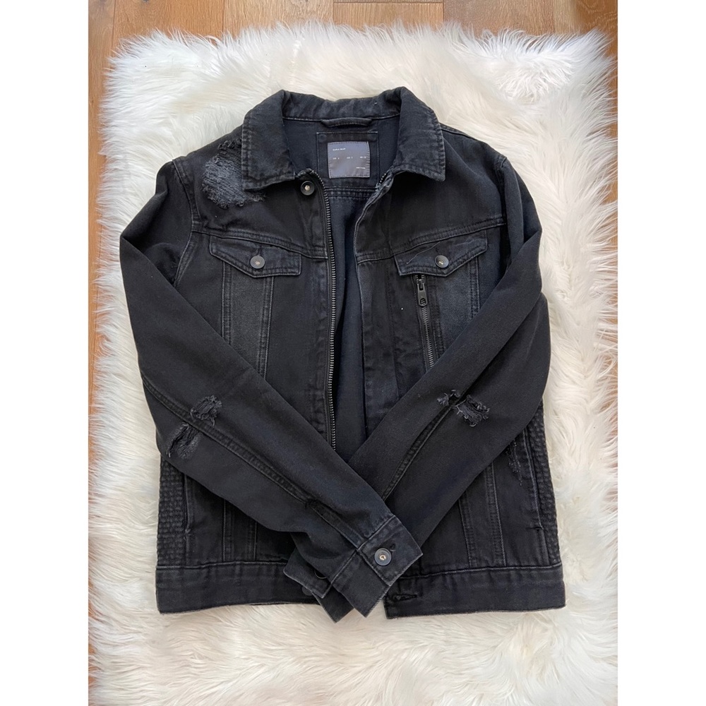 Zara Men Distressed Black Denim Jacket Size S